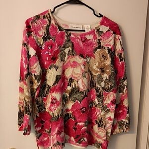 Alfred Dunner Pink‎ and Brown Floral Long Sleeve Blouse Size M